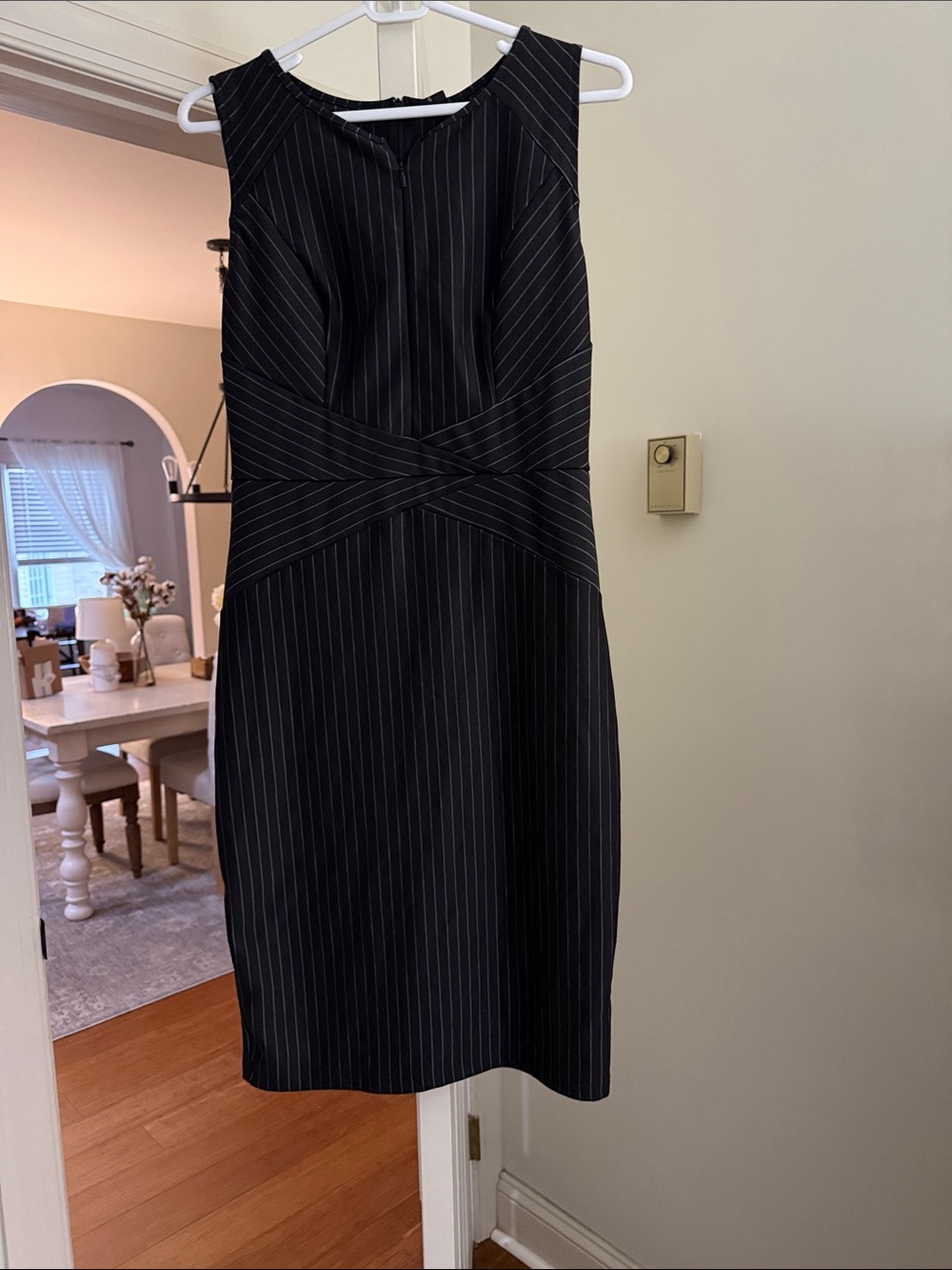 Dark Navy Pinstripe Midi Sheath Dress